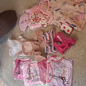 10 piece dog clothes and harnesses, all pink